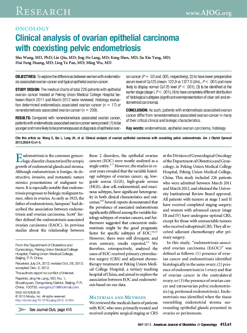 Clinical analysis of ovarian epithelial carcinoma with coexisting pelvic endometriosis