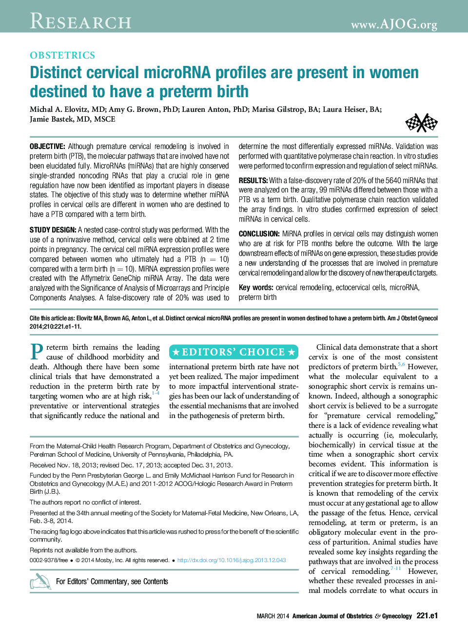 Distinct cervical microRNA profiles are present in women destined to have a preterm birth