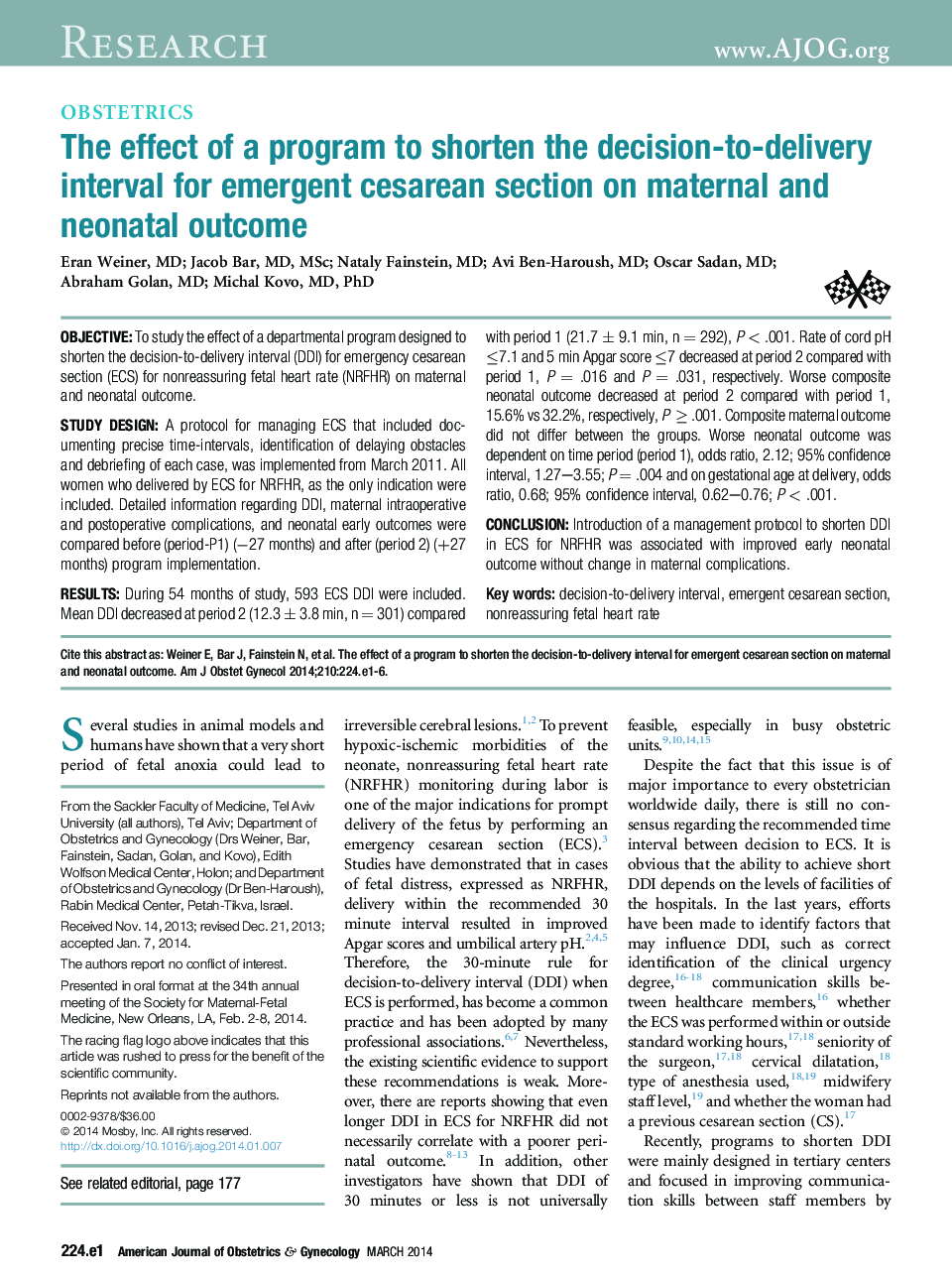 The effect of a program to shorten the decision-to-delivery interval for emergent cesarean section on maternal and neonatal outcome