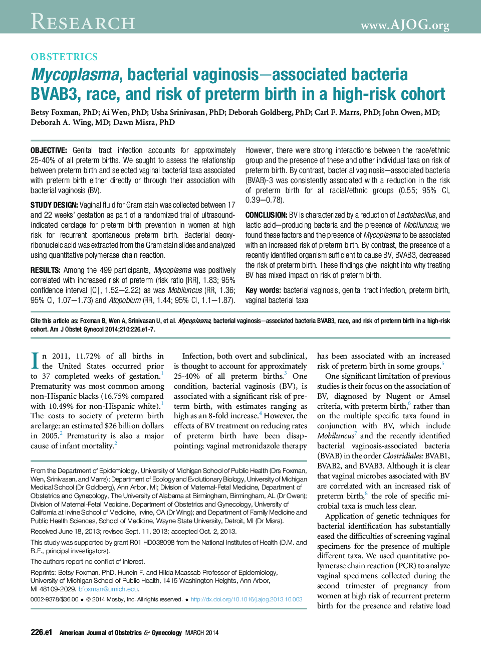 Mycoplasma, bacterial vaginosis-associated bacteria BVAB3, race, and risk of preterm birth in a high-risk cohort