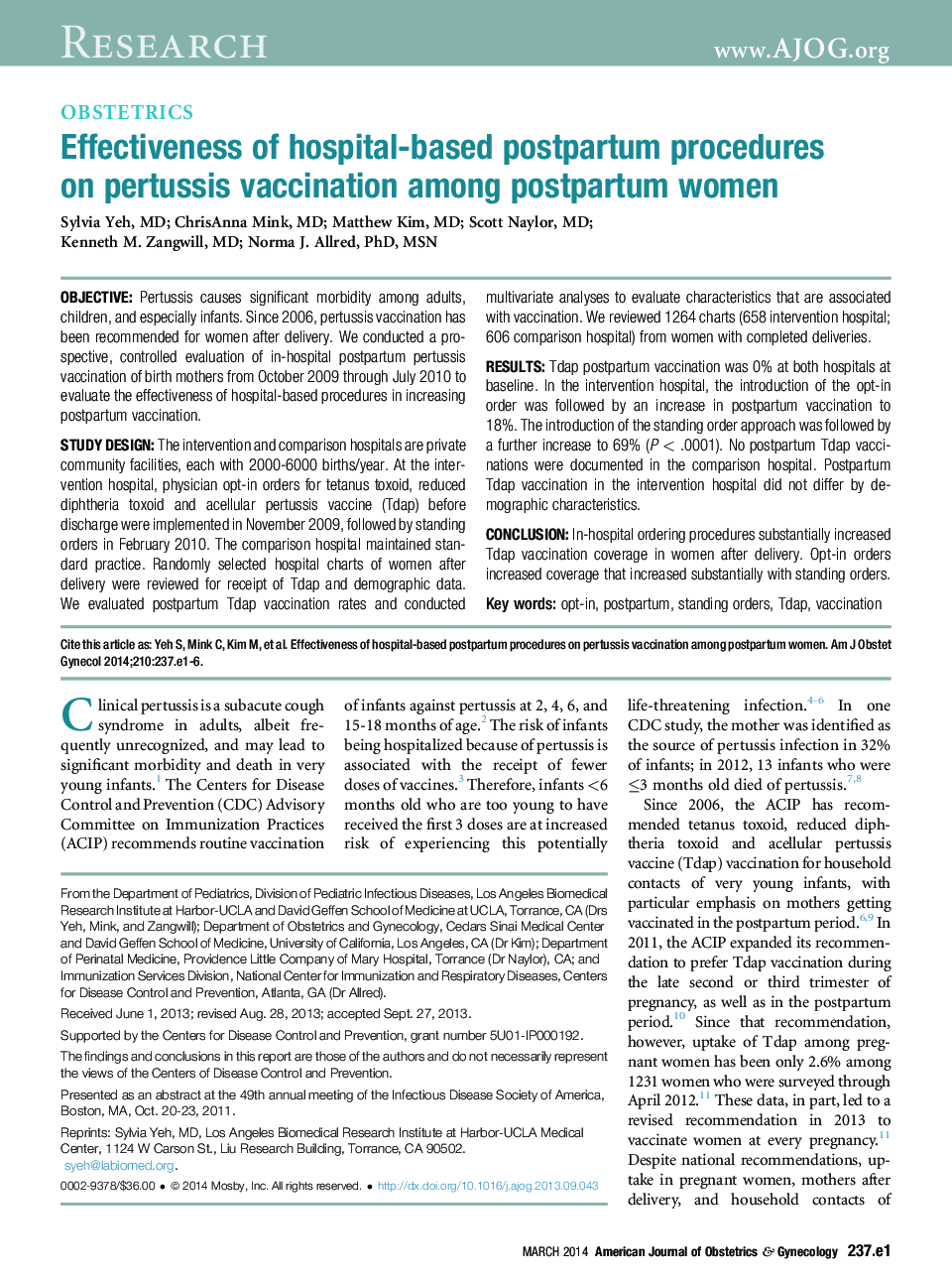 Effectiveness of hospital-based postpartum procedures on pertussis vaccination among postpartum women
