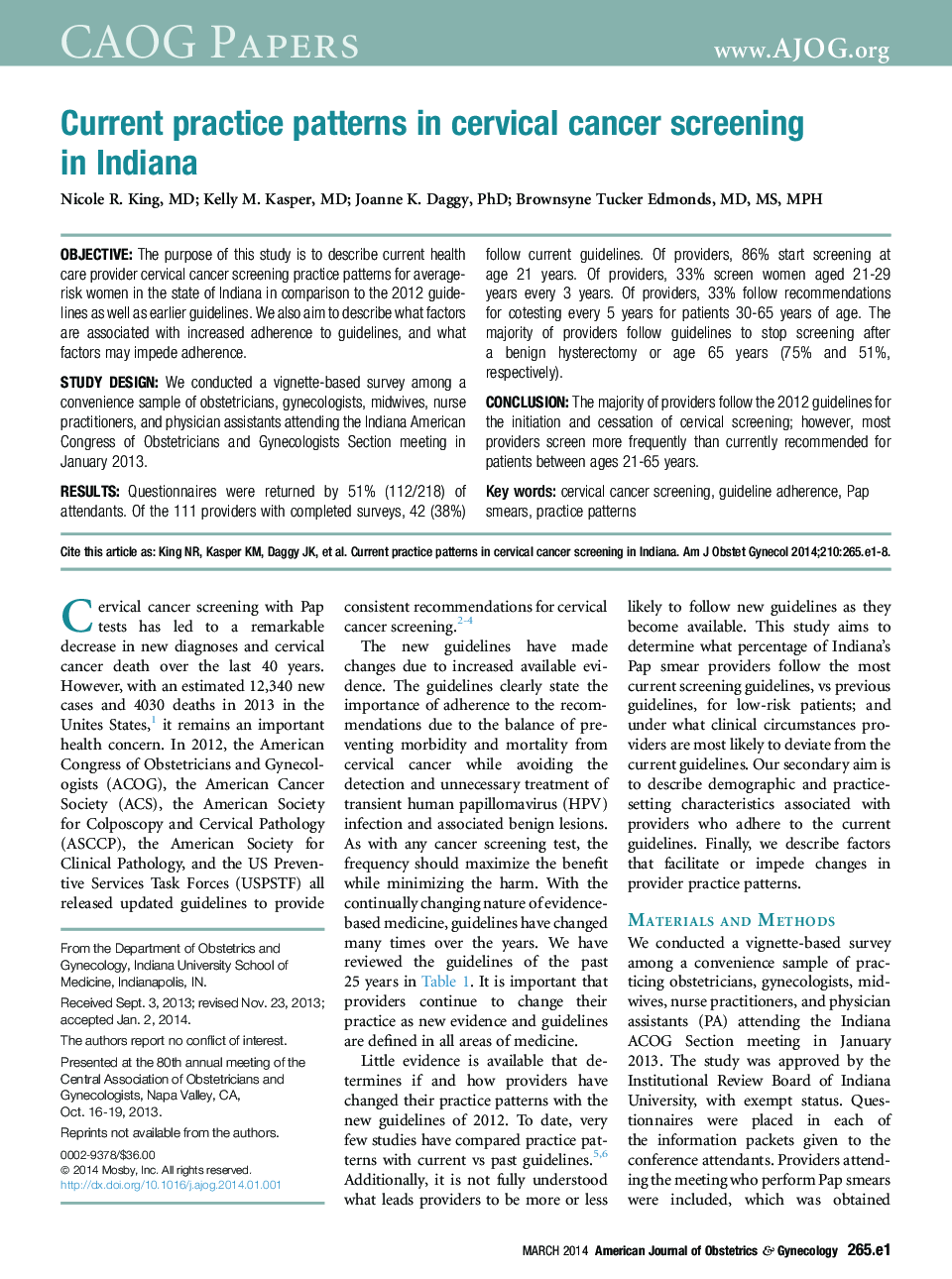 Current practice patterns in cervical cancer screening in Indiana