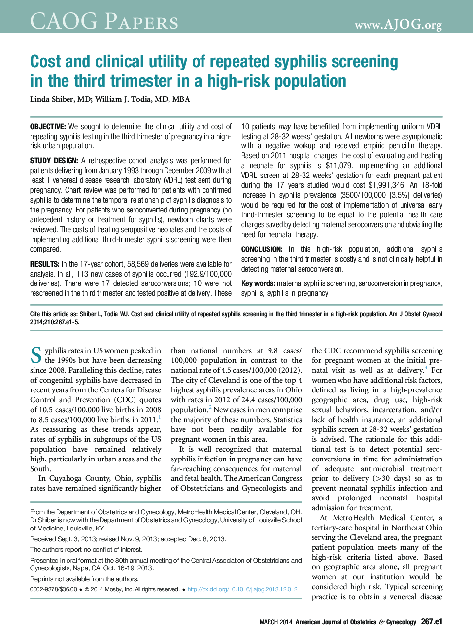 Cost and clinical utility of repeated syphilis screening inÂ theÂ third trimester in a high-risk population