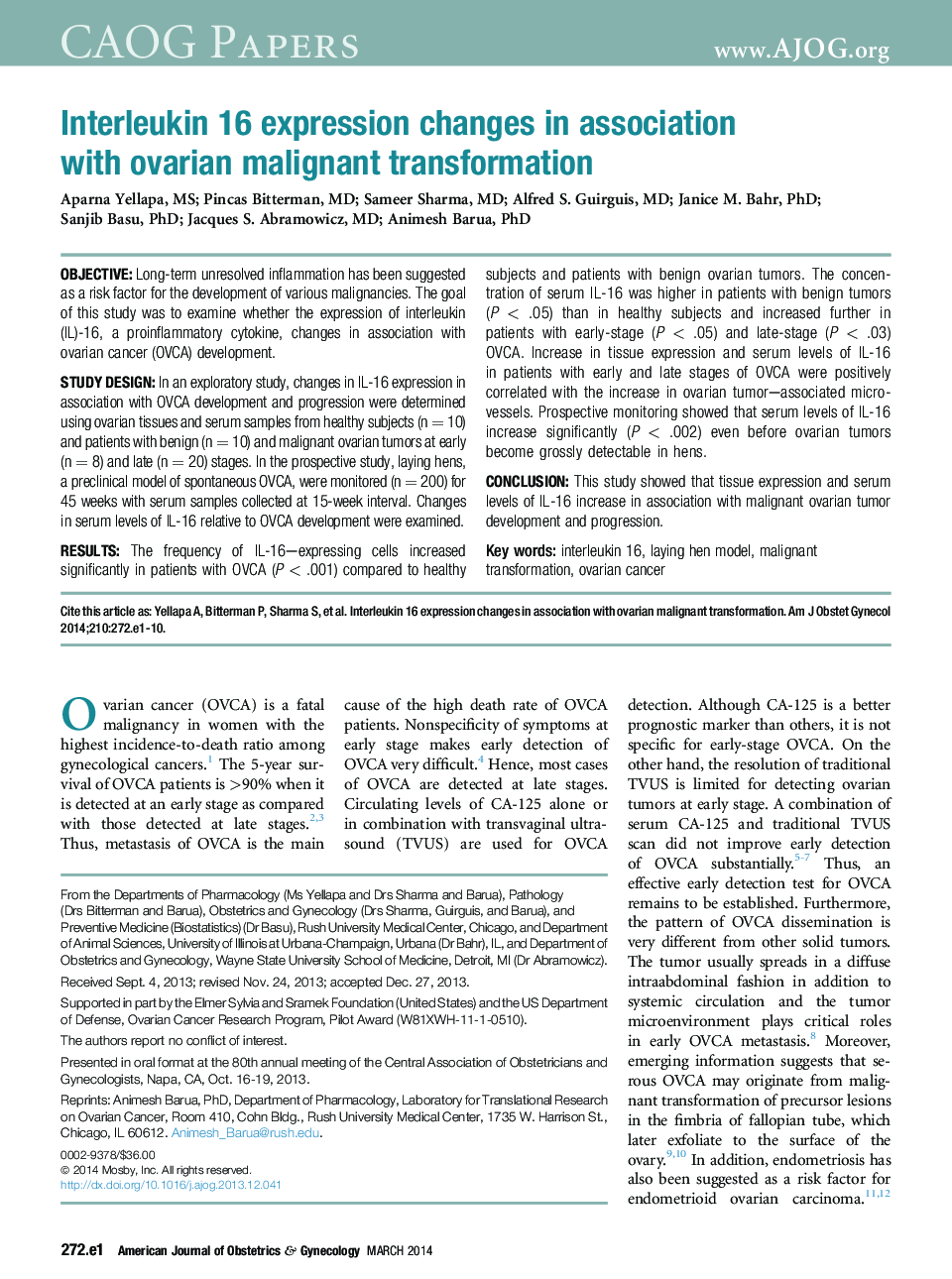 Interleukin 16 expression changes in association with ovarian malignant transformation