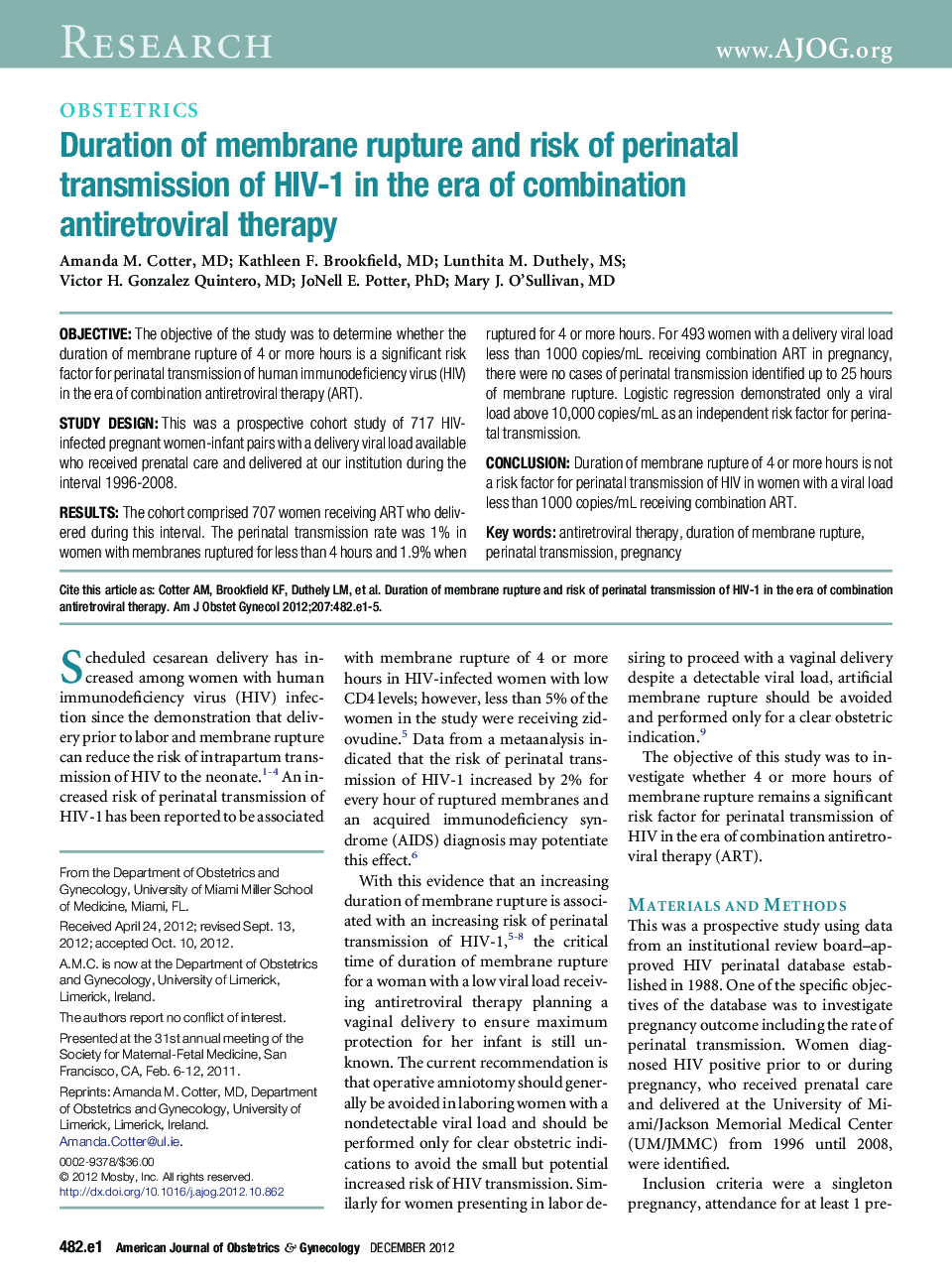 Duration of membrane rupture and risk of perinatal transmission of HIV-1 in the era of combination antiretroviral therapy