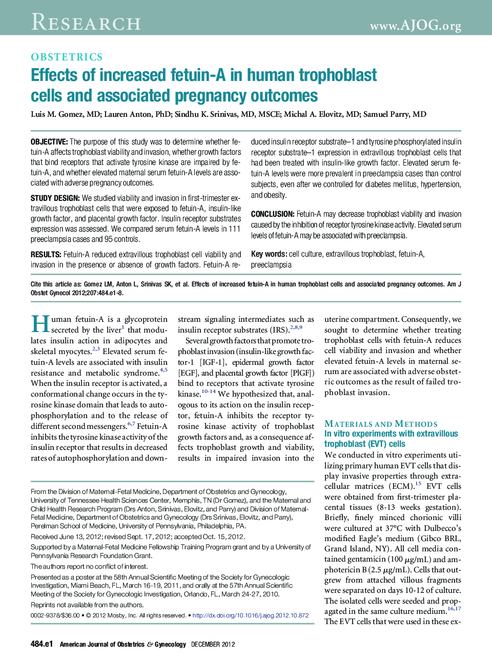 Effects of increased fetuin-A in human trophoblast cells and associated pregnancy outcomes