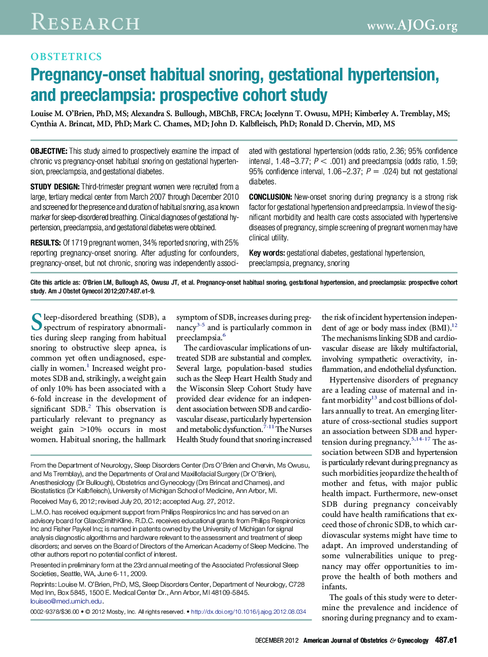 Pregnancy-onset habitual snoring, gestational hypertension, and preeclampsia: prospective cohort study