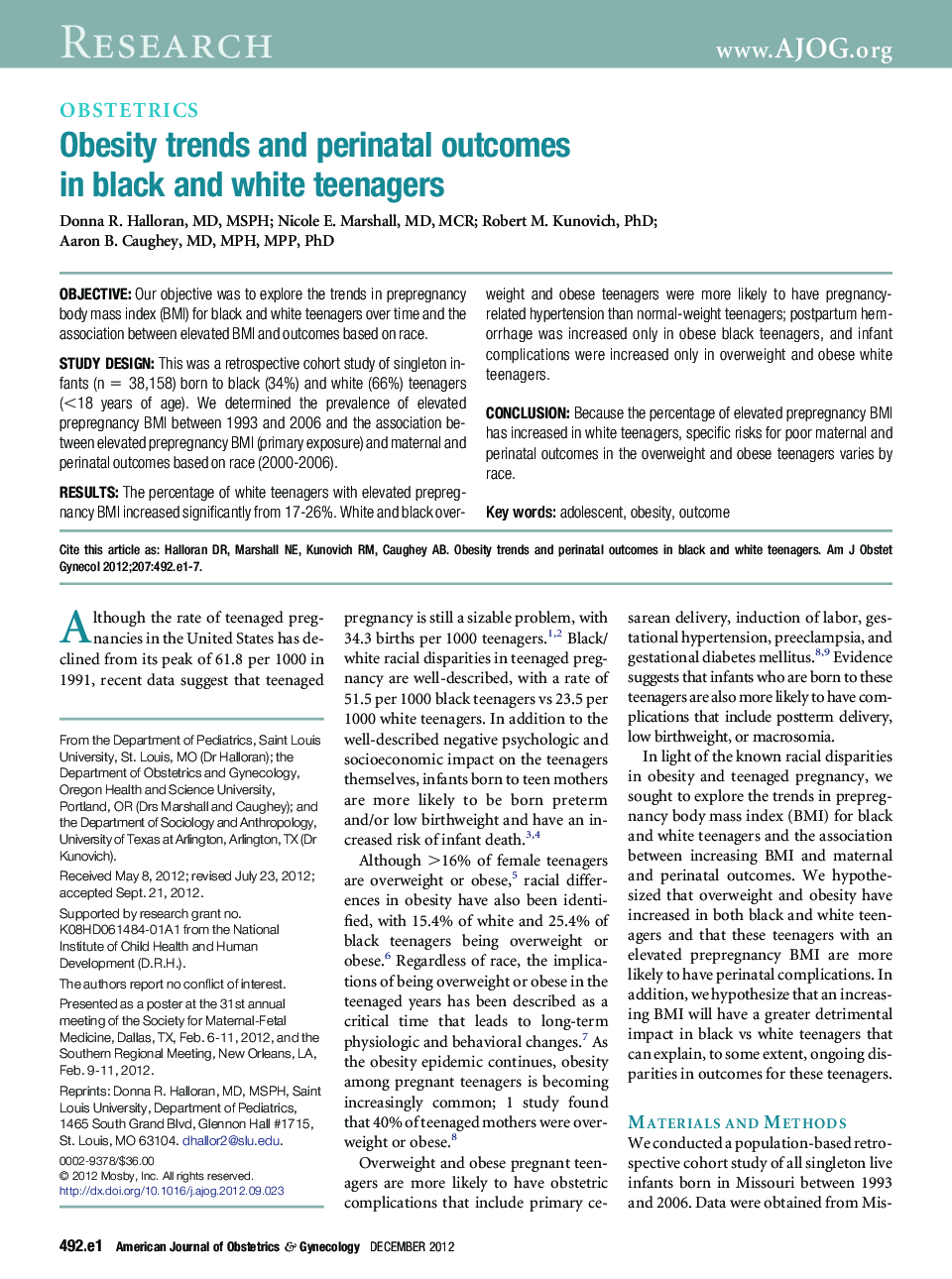 Obesity trends and perinatal outcomes in black and white teenagers