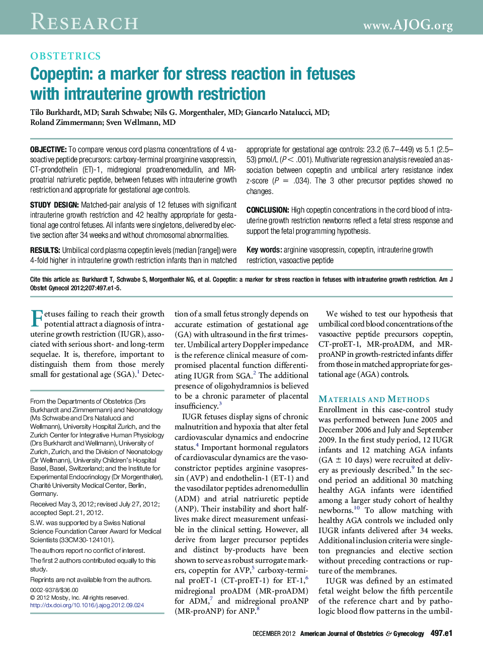 Copeptin: a marker for stress reaction in fetuses with intrauterine growth restriction