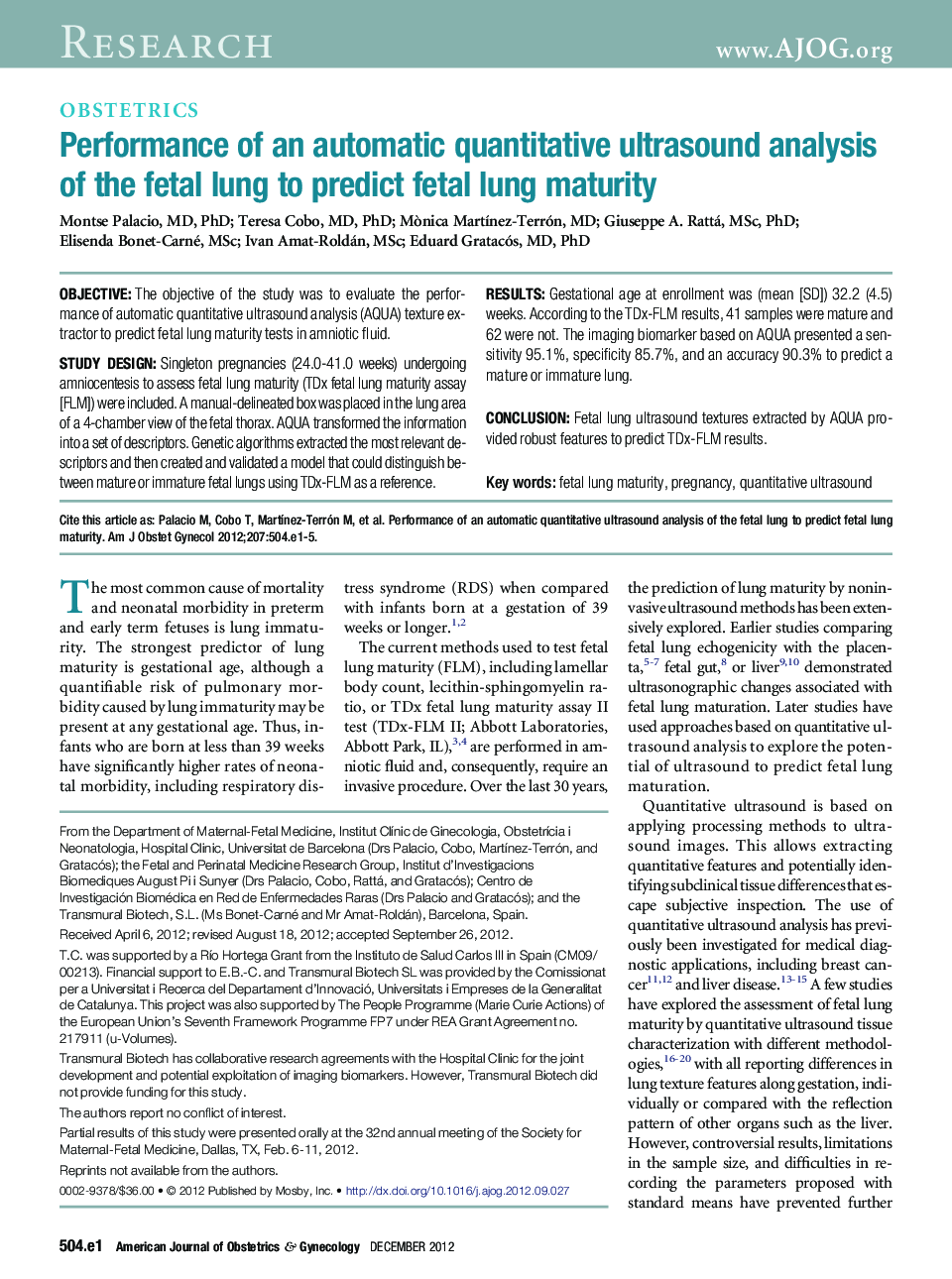 Performance of an automatic quantitative ultrasound analysis of the fetal lung to predict fetal lung maturity