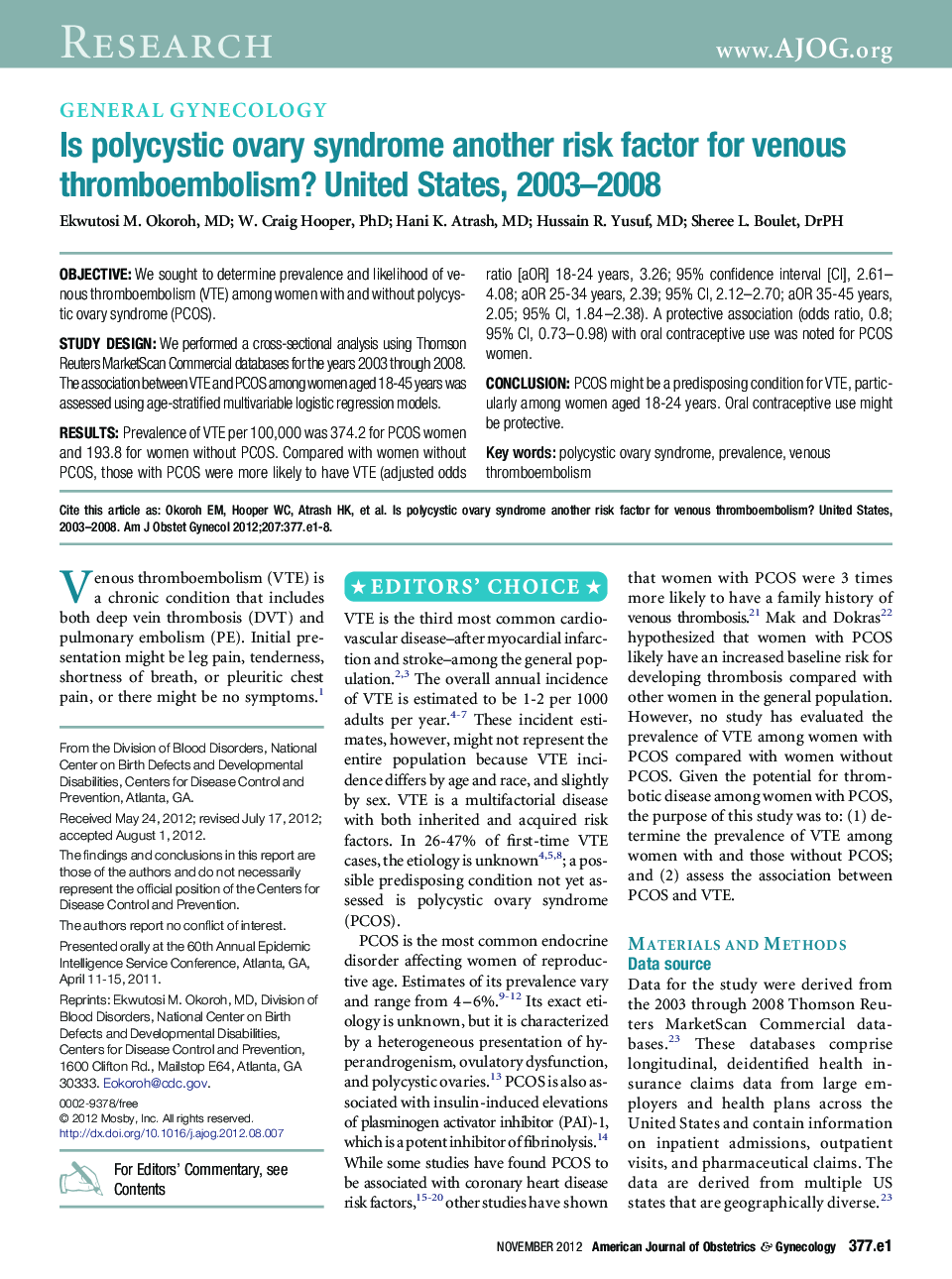 عکس صفحه اول مقاله: Is polycystic ovary syndrome another risk factor for venous thromboembolism? United States, 2003-2008 Is polycystic ovary syndrome another risk factor for venous thromboembolism? United States, 2003-2008