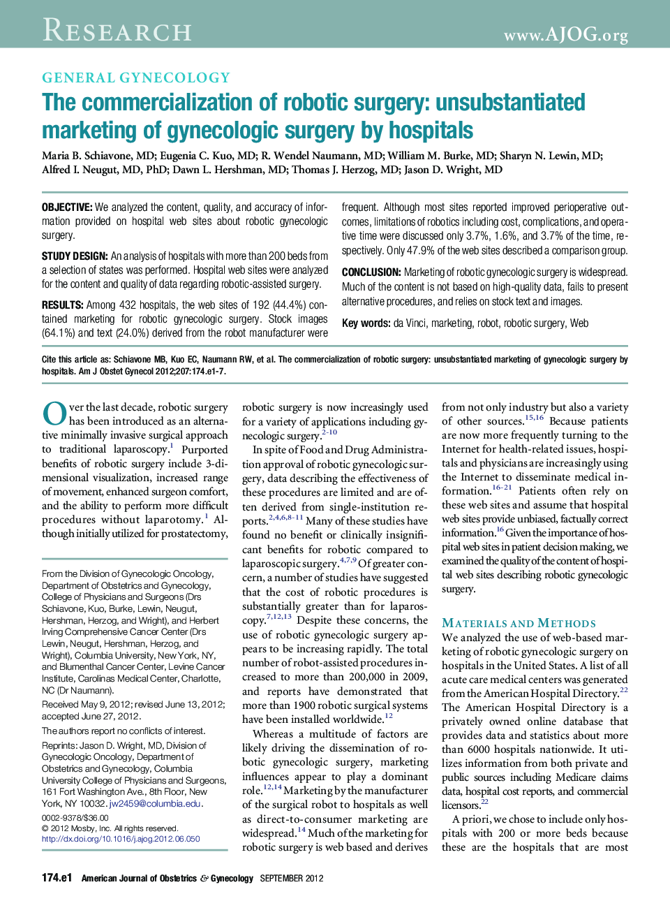 The commercialization of robotic surgery: unsubstantiated marketing of gynecologic surgery by hospitals