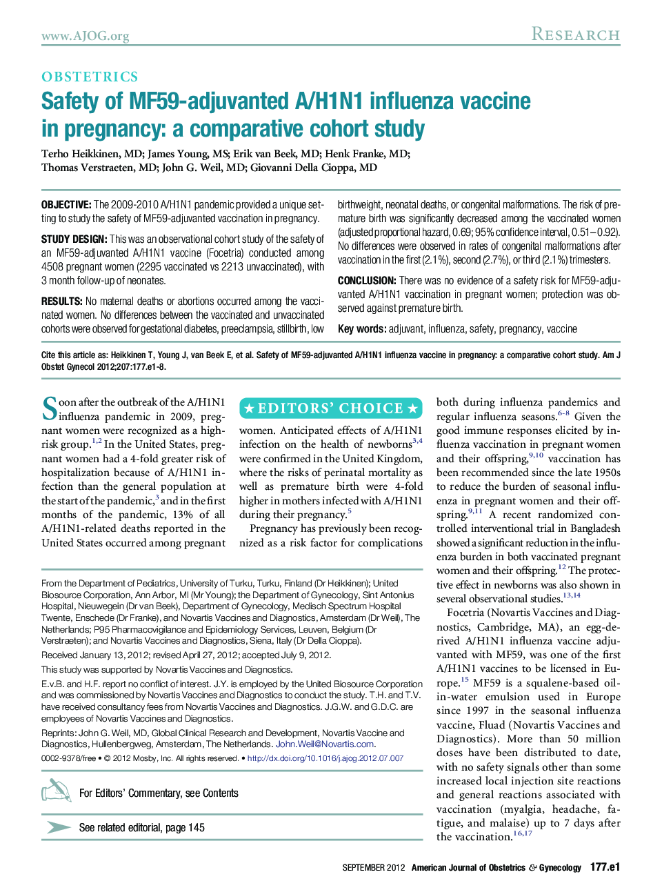 Safety of MF59-adjuvanted A/H1N1 influenza vaccine in pregnancy: a comparative cohort study