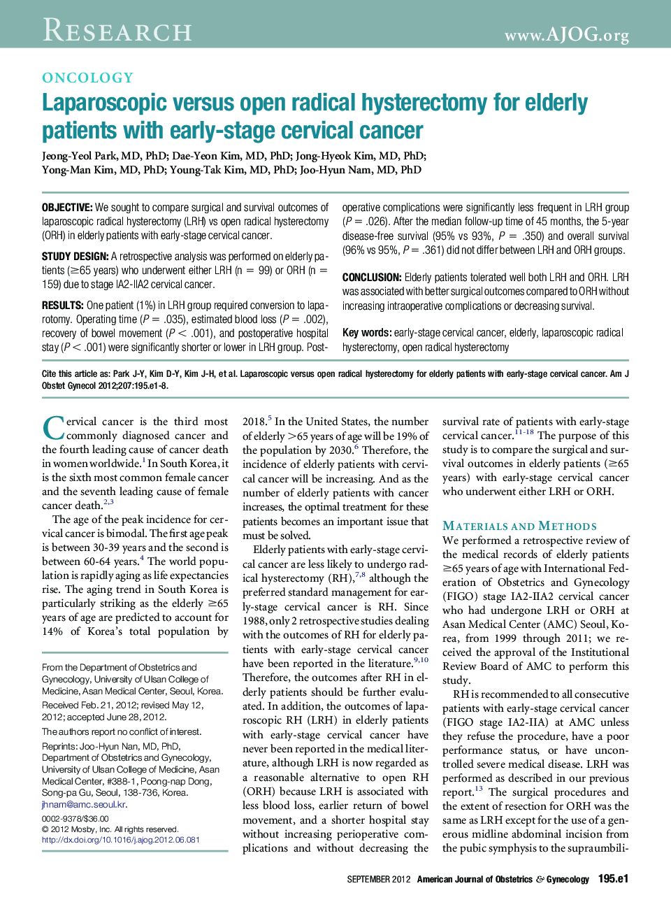 Laparoscopic versus open radical hysterectomy for elderly patients with early-stage cervical cancer