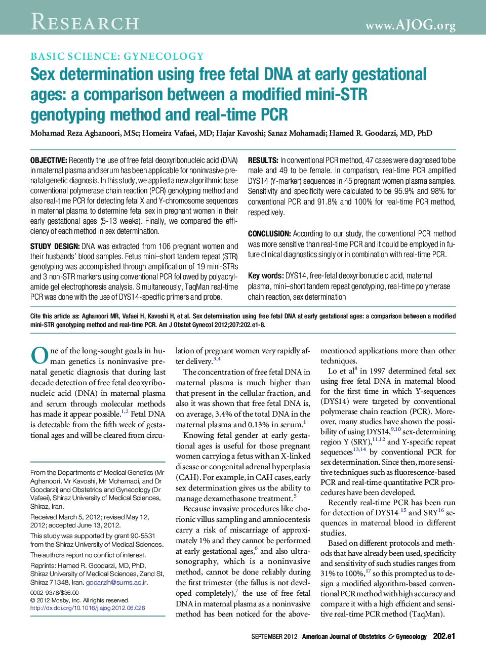 Sex determination using free fetal DNA at early gestational ages: a comparison between a modified mini-STR genotyping method and real-time PCR