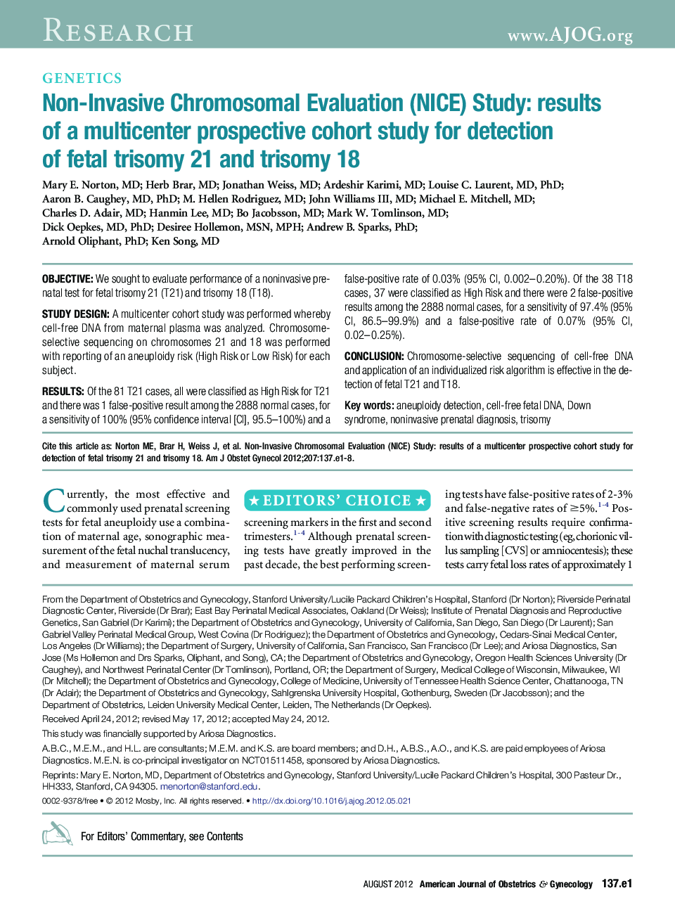 Non-Invasive Chromosomal Evaluation (NICE) Study: results of a multicenter prospective cohort study for detection of fetal trisomy 21 and trisomy 18