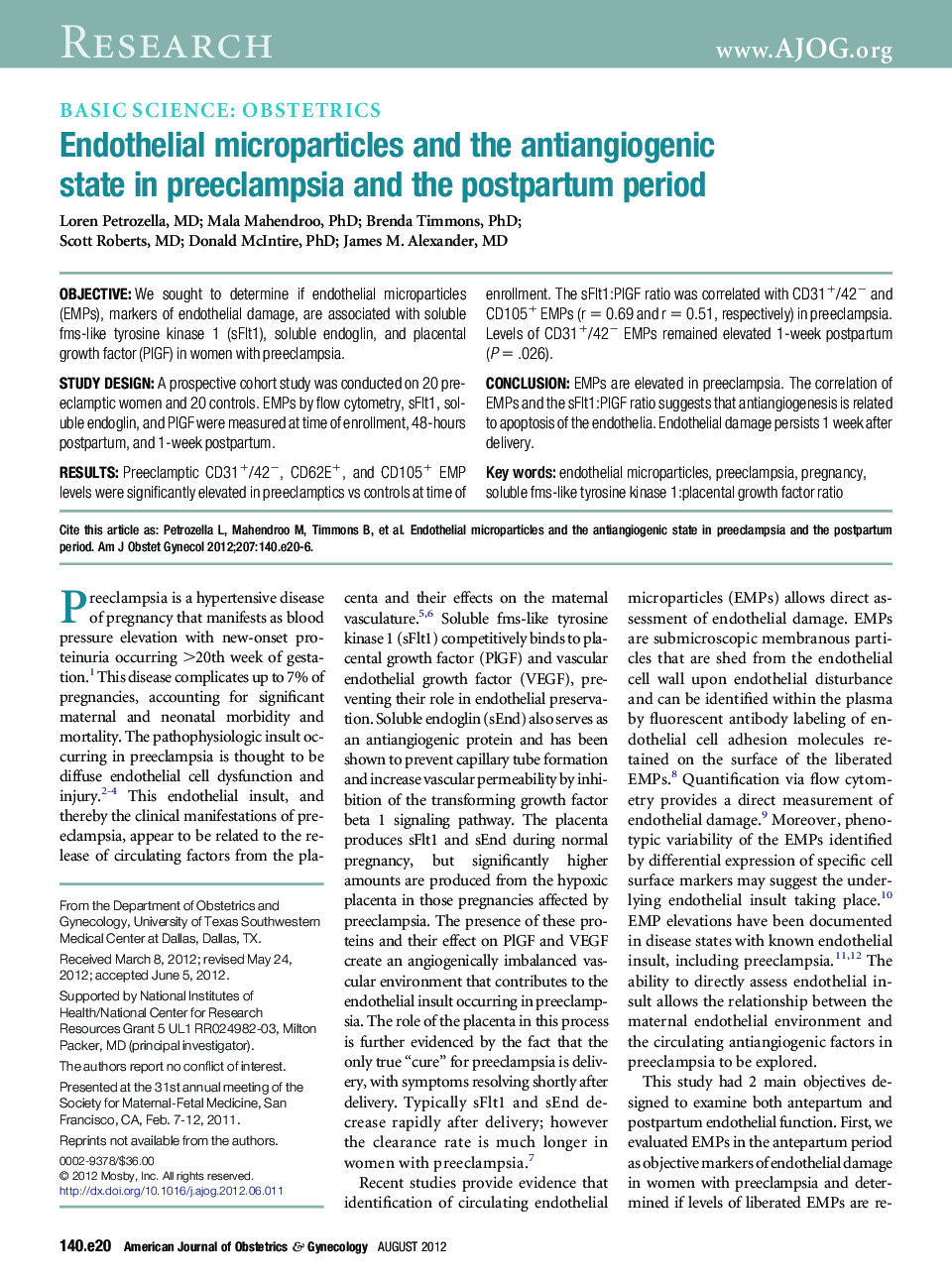 Endothelial microparticles and the antiangiogenic state in preeclampsia and the postpartum period