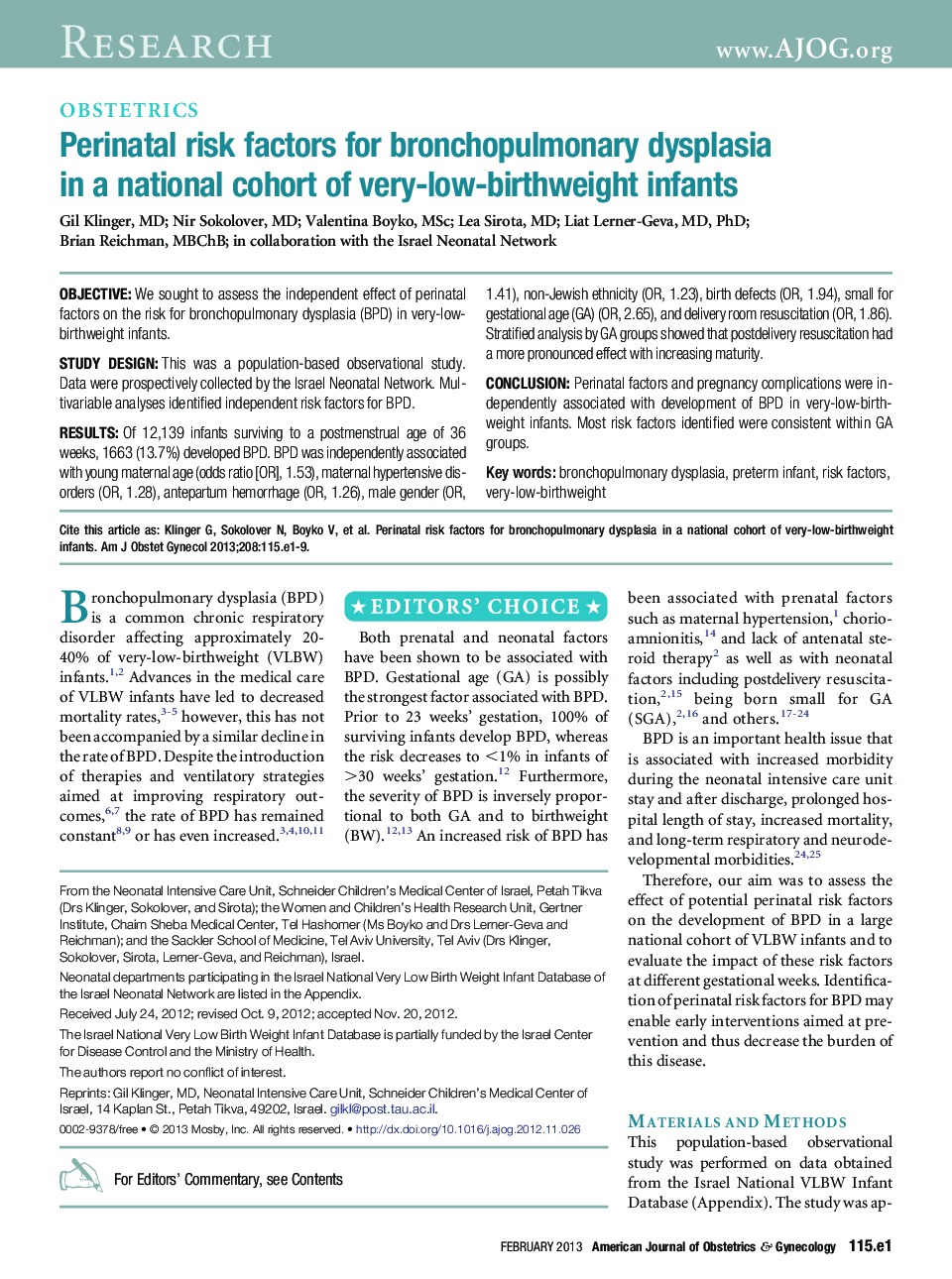 Perinatal risk factors for bronchopulmonary dysplasia in a national cohort of very-low-birthweight infants