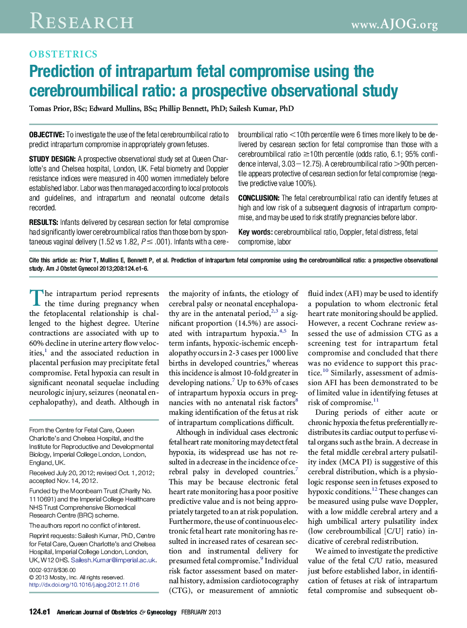 Prediction of intrapartum fetal compromise using the cerebroumbilical ratio: a prospective observational study