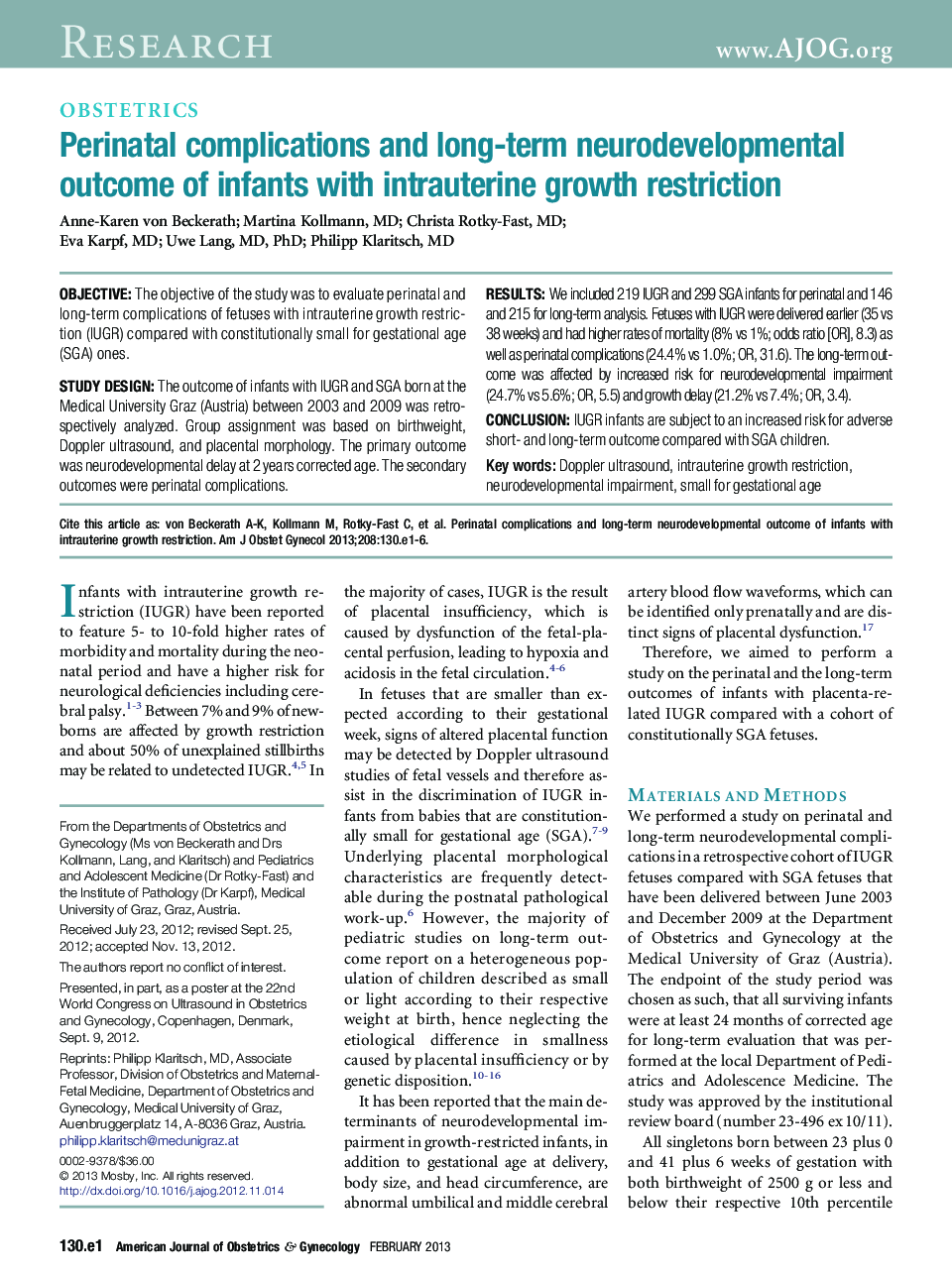 Perinatal complications and long-term neurodevelopmental outcome of infants with intrauterine growth restriction