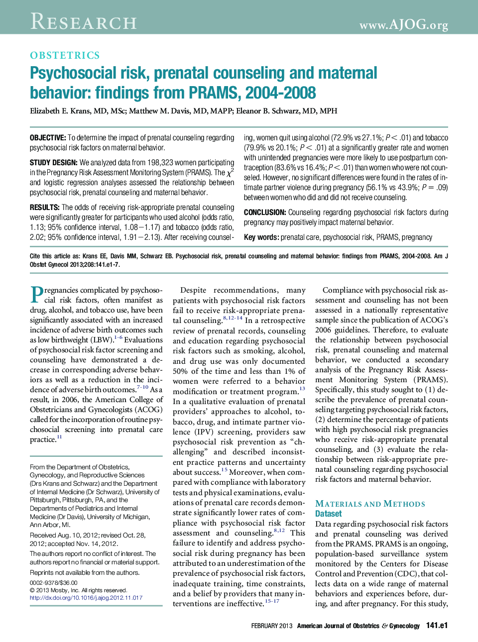 Psychosocial risk, prenatal counseling and maternal behavior: findings from PRAMS, 2004-2008