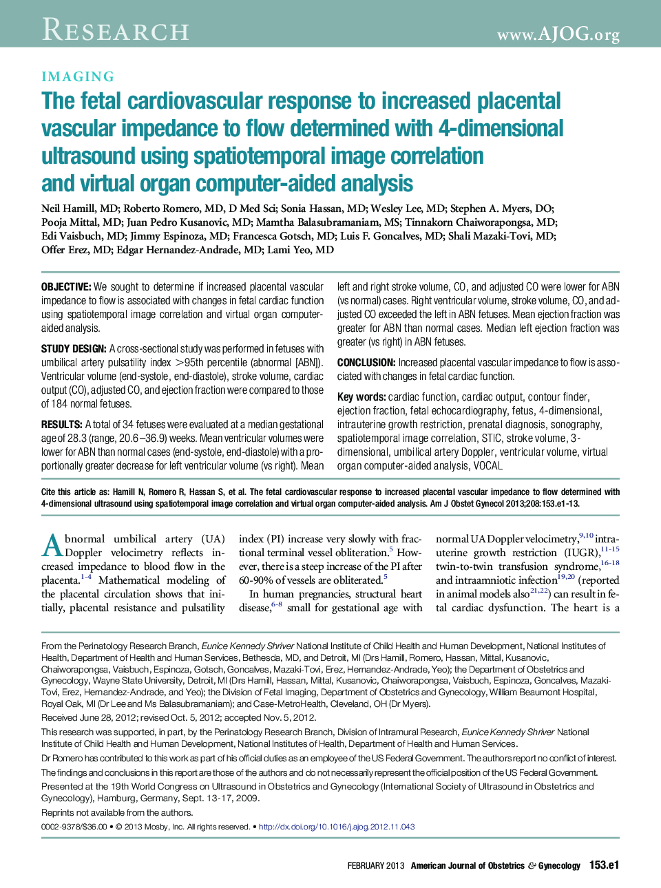 The fetal cardiovascular response to increased placental vascular impedance to flow determined with 4-dimensional ultrasound using spatiotemporal image correlation and virtual organ computer-aided analysis