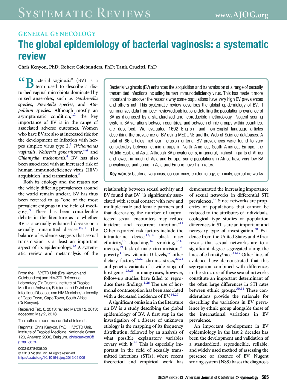 The global epidemiology of bacterial vaginosis: a systematic review 