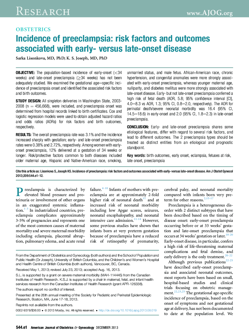 عکس صفحه اول مقاله: Incidence of preeclampsia: risk factors and outcomes associated with early- versus late-onset disease Incidence of preeclampsia: risk factors and outcomes associated with early- versus late-onset disease