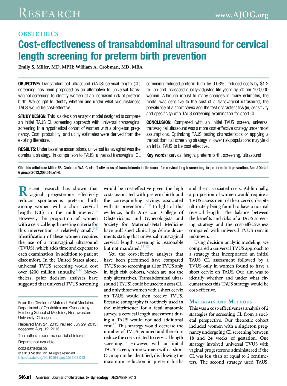 Cost-effectiveness of transabdominal ultrasound for cervical length screening for preterm birth prevention