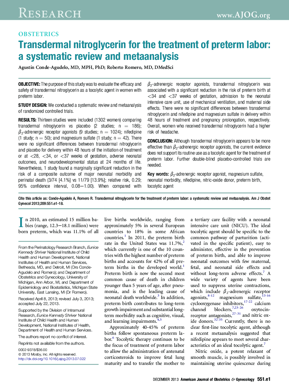 Transdermal nitroglycerin for the treatment of preterm labor: a systematic review and metaanalysis