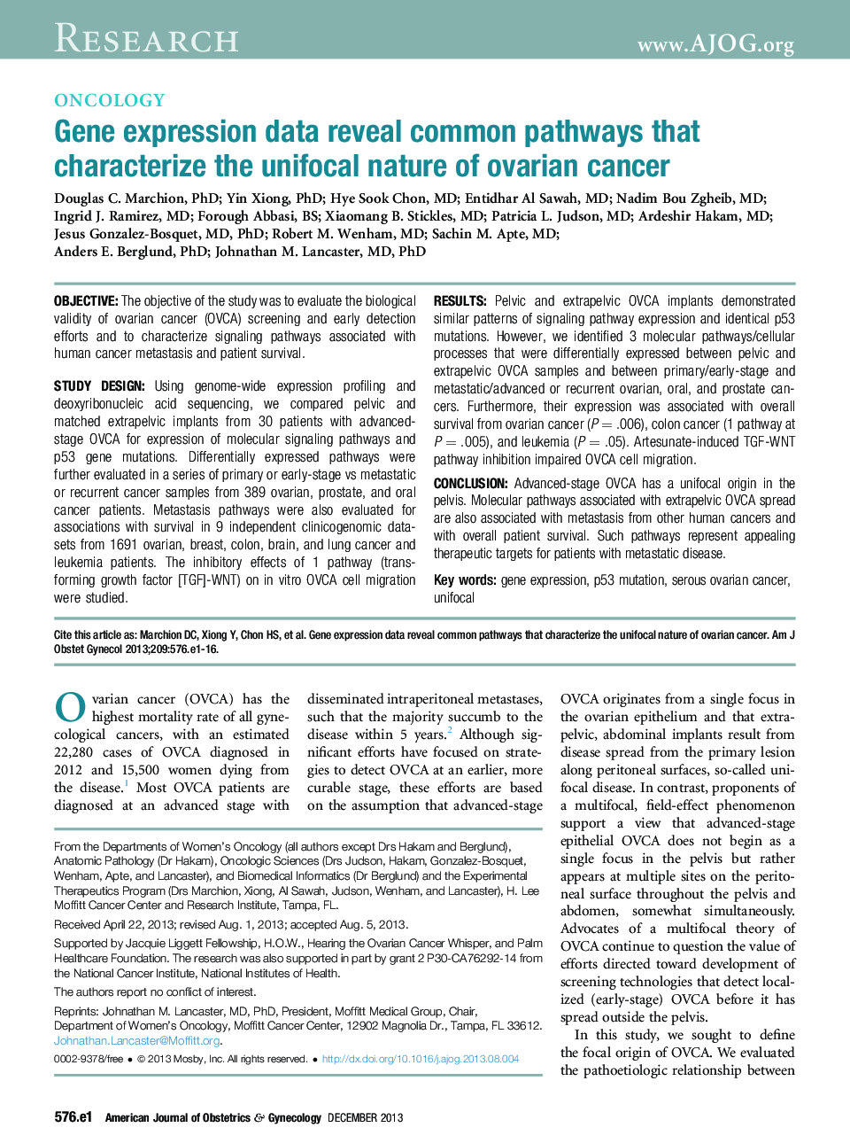 Gene expression data reveal common pathways that characterize the unifocal nature of ovarian cancer