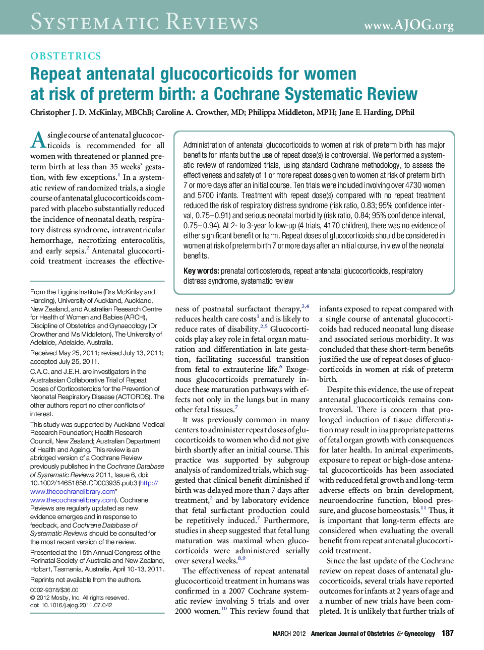 Repeat antenatal glucocorticoids for women at risk of preterm birth: a Cochrane Systematic Review 