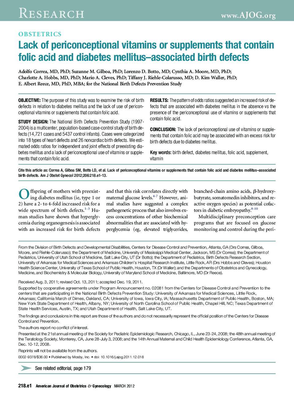 Lack of periconceptional vitamins or supplements that contain folic acid and diabetes mellitus-associated birth defects