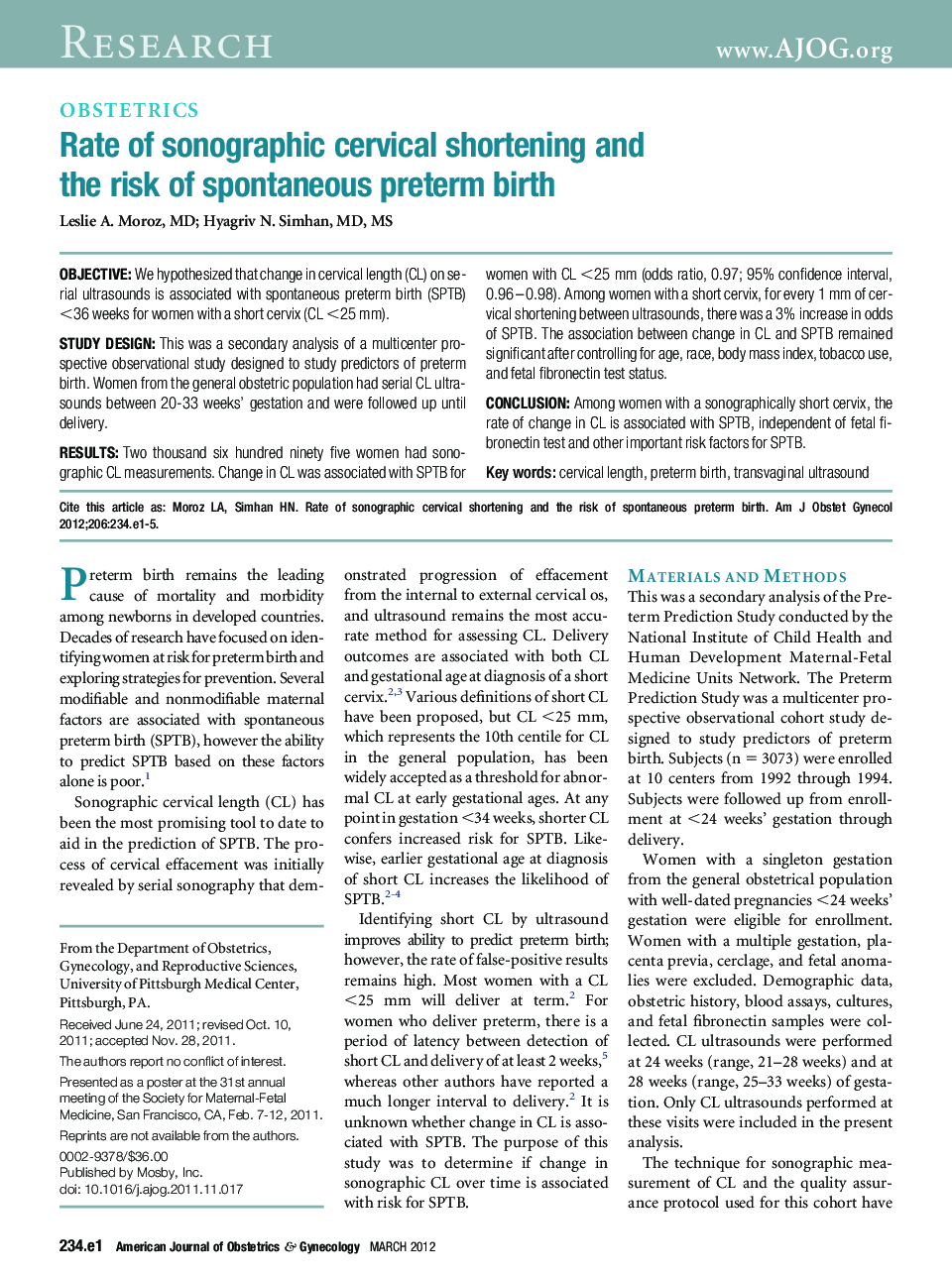 Rate of sonographic cervical shortening and the risk of spontaneous preterm birth