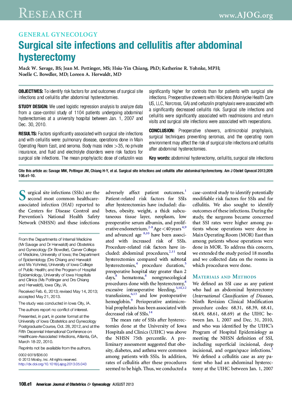 Surgical site infections and cellulitis after abdominal hysterectomy