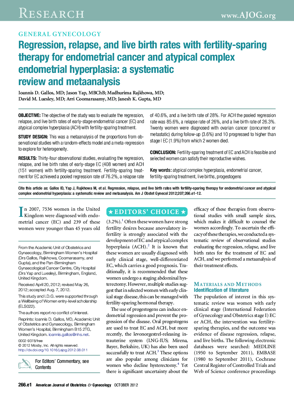 Regression, relapse, and live birth rates with fertility-sparing therapy for endometrial cancer and atypical complex endometrial hyperplasia: a systematic review and metaanalysis