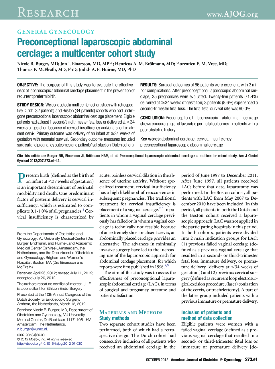 Preconceptional laparoscopic abdominal cerclage: a multicenter cohort study
