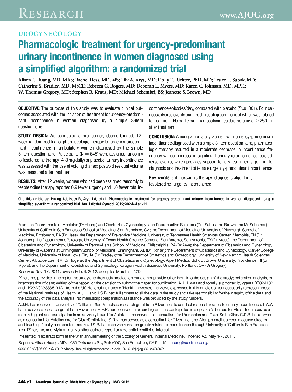 Pharmacologic treatment for urgency-predominant urinary incontinence in women diagnosed using a simplified algorithm: a randomized trial