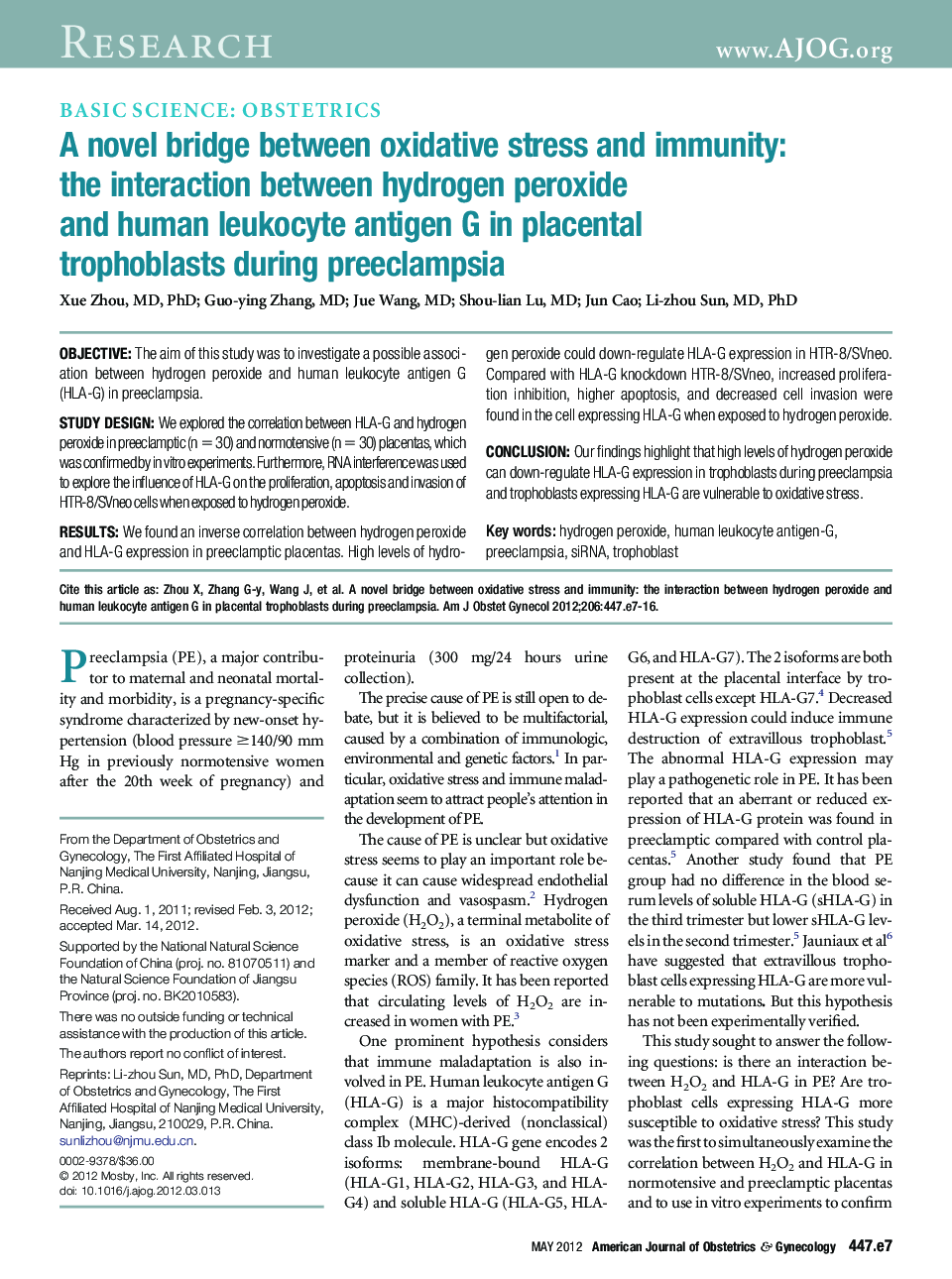 A novel bridge between oxidative stress and immunity: the interaction between hydrogen peroxide and human leukocyte antigen G in placental trophoblasts during preeclampsia