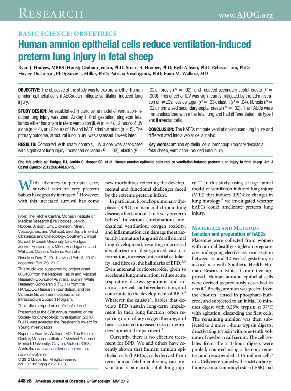 Human amnion epithelial cells reduce ventilation-induced preterm lung injury in fetal sheep