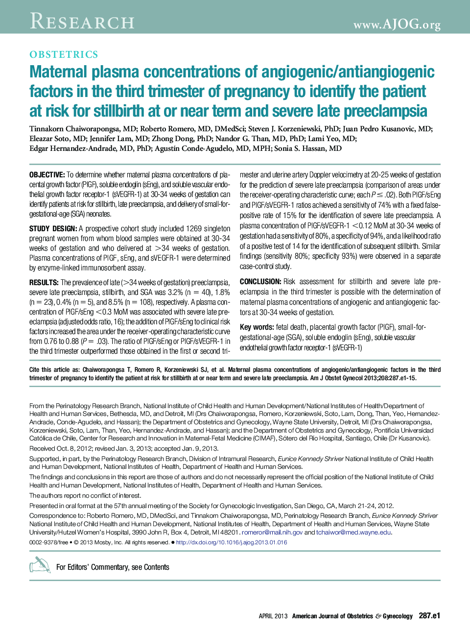 Maternal plasma concentrations of angiogenic/antiangiogenic factors in the third trimester of pregnancy to identify the patient at risk for stillbirth at or near term and severe late preeclampsia