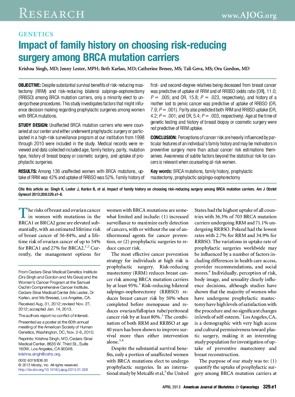 Impact of family history on choosing risk-reducing surgery among BRCA mutation carriers