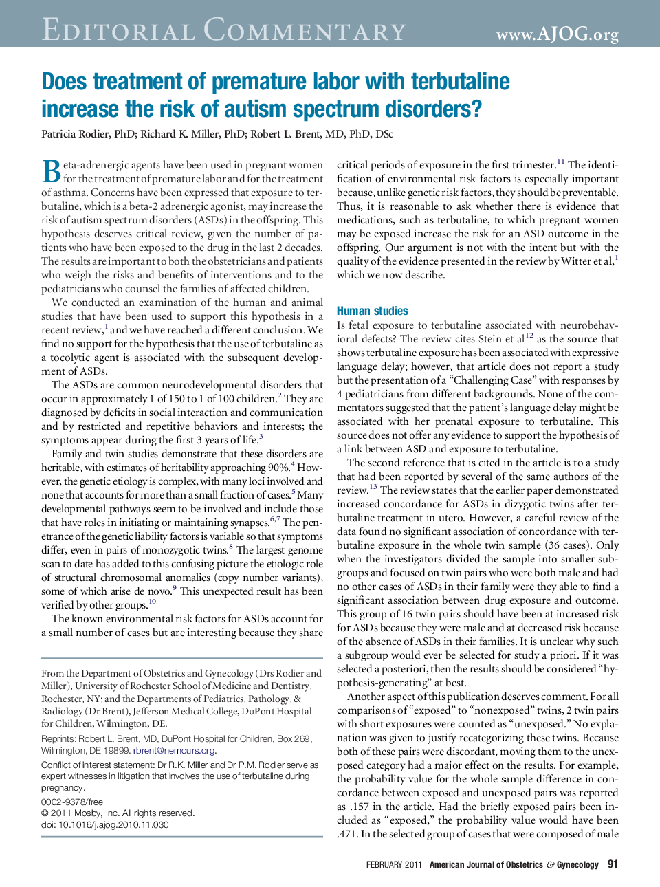 Does treatment of premature labor with terbutaline increase the risk of autism spectrum disorders?