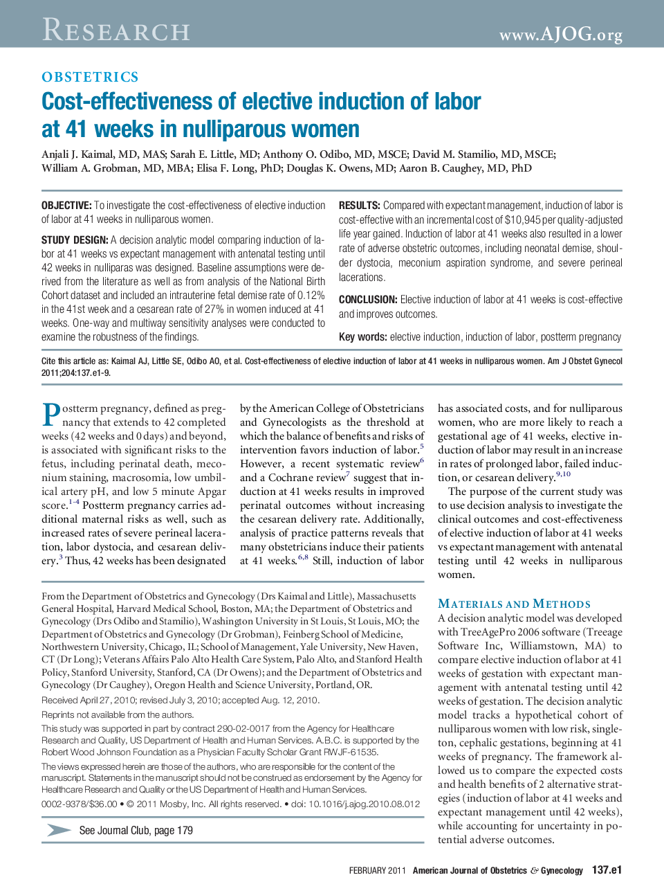 Cost-effectiveness of elective induction of labor at 41 weeks in nulliparous women