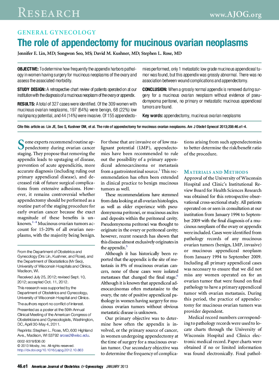 The role of appendectomy for mucinous ovarian neoplasms