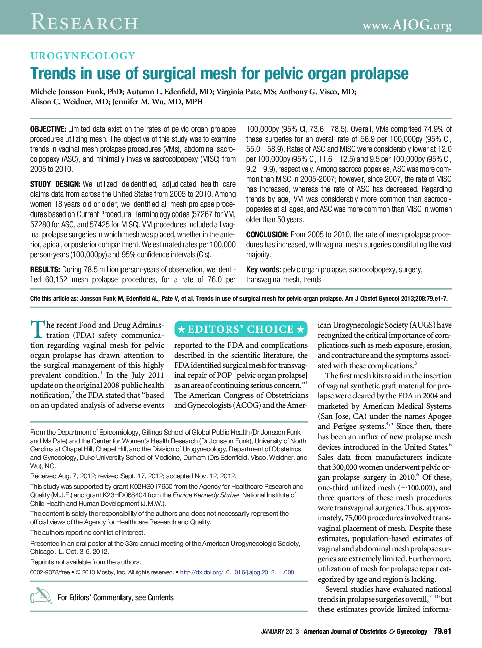 عکس صفحه اول مقاله: Trends in use of surgical mesh for pelvic organ prolapse Trends in use of surgical mesh for pelvic organ prolapse