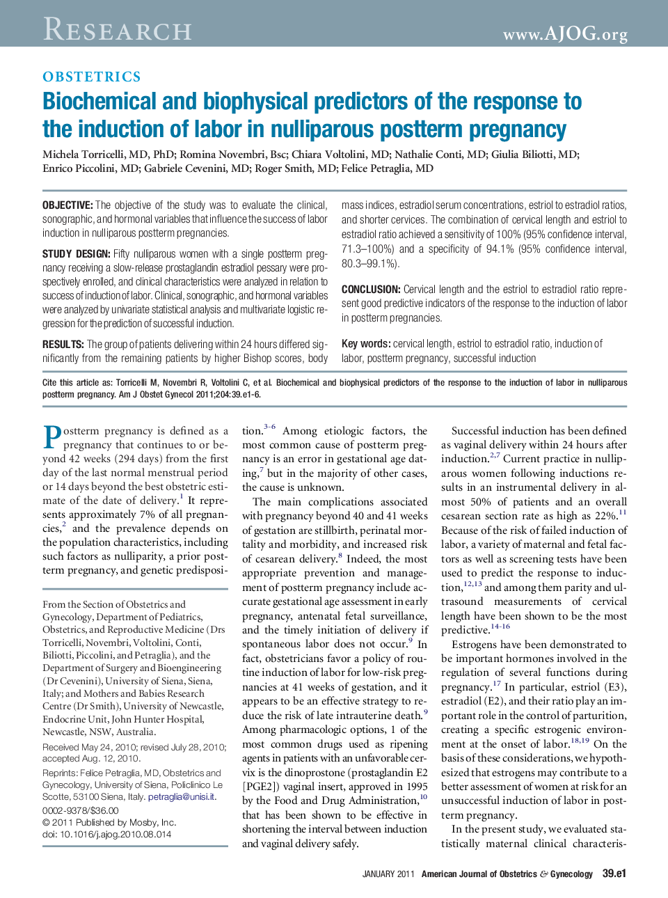 Biochemical and biophysical predictors of the response to the induction of labor in nulliparous postterm pregnancy