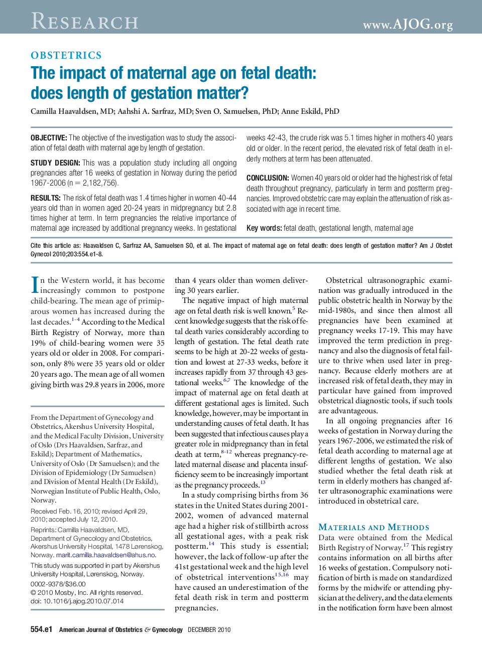 The impact of maternal age on fetal death: does length of gestation matter?