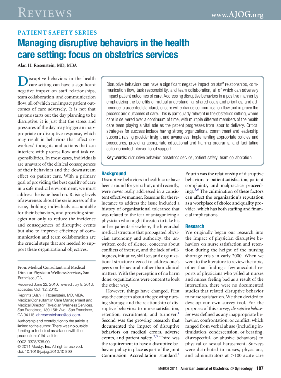 Managing disruptive behaviors in the health care setting: focus on obstetrics services 