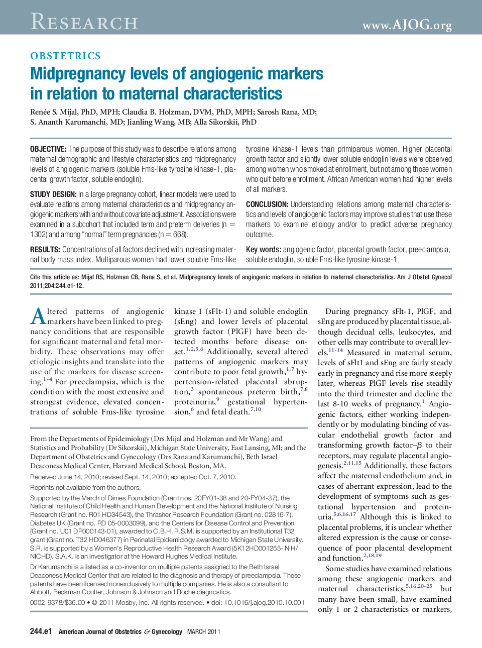 Midpregnancy levels of angiogenic markers in relation to maternal characteristics